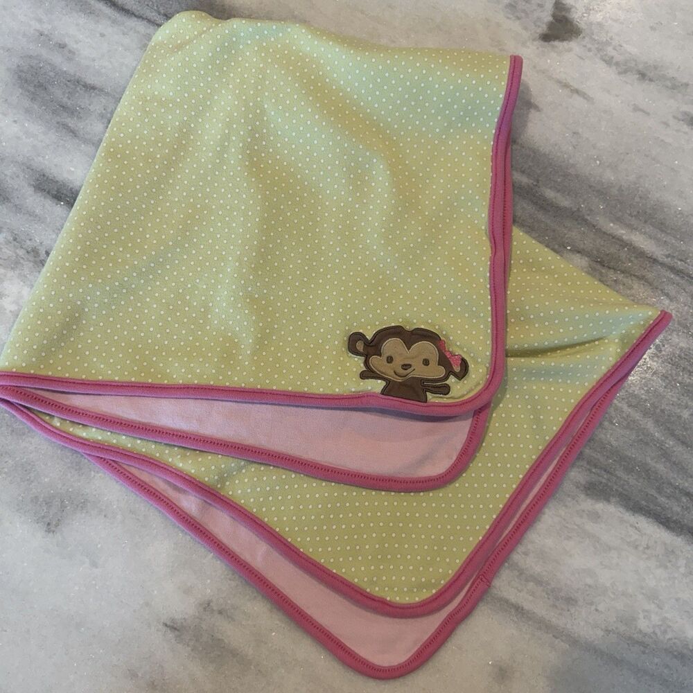 Carters Child of Mine Monkey Polka Dot Pink Green Cotton Baby Blanket Lovey